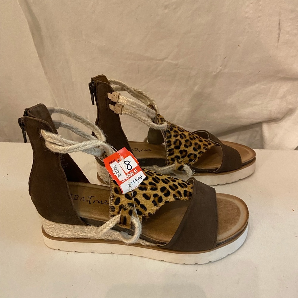 DIBA.True leather & cow hair leopard print wedge sandals size 8 NWT